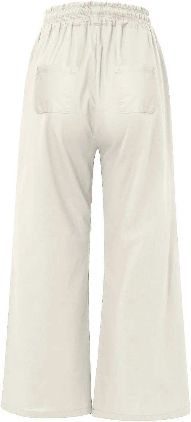 Linen Wide Leg Pants for Women Casual Summer Elastic Waist Loose Fit Beach Pants Comfy Flowy Lounge Pant with Pockets