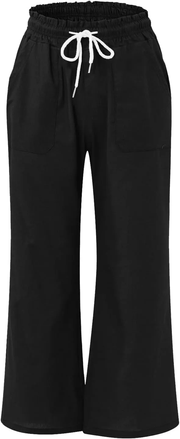 Linen Wide Leg Pants for Women Casual Summer Elastic Waist Loose Fit Beach Pants Comfy Flowy Lounge Pant with Pockets