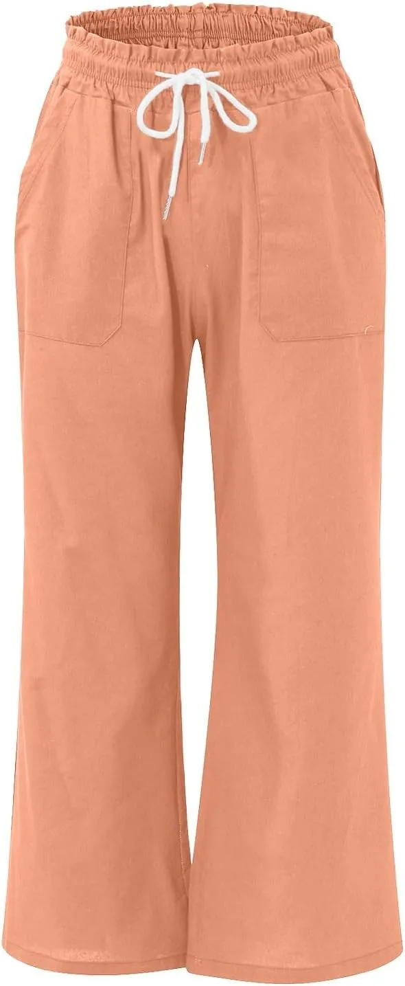 Linen Wide Leg Pants for Women Casual Summer Elastic Waist Loose Fit Beach Pants Comfy Flowy Lounge Pant with Pockets