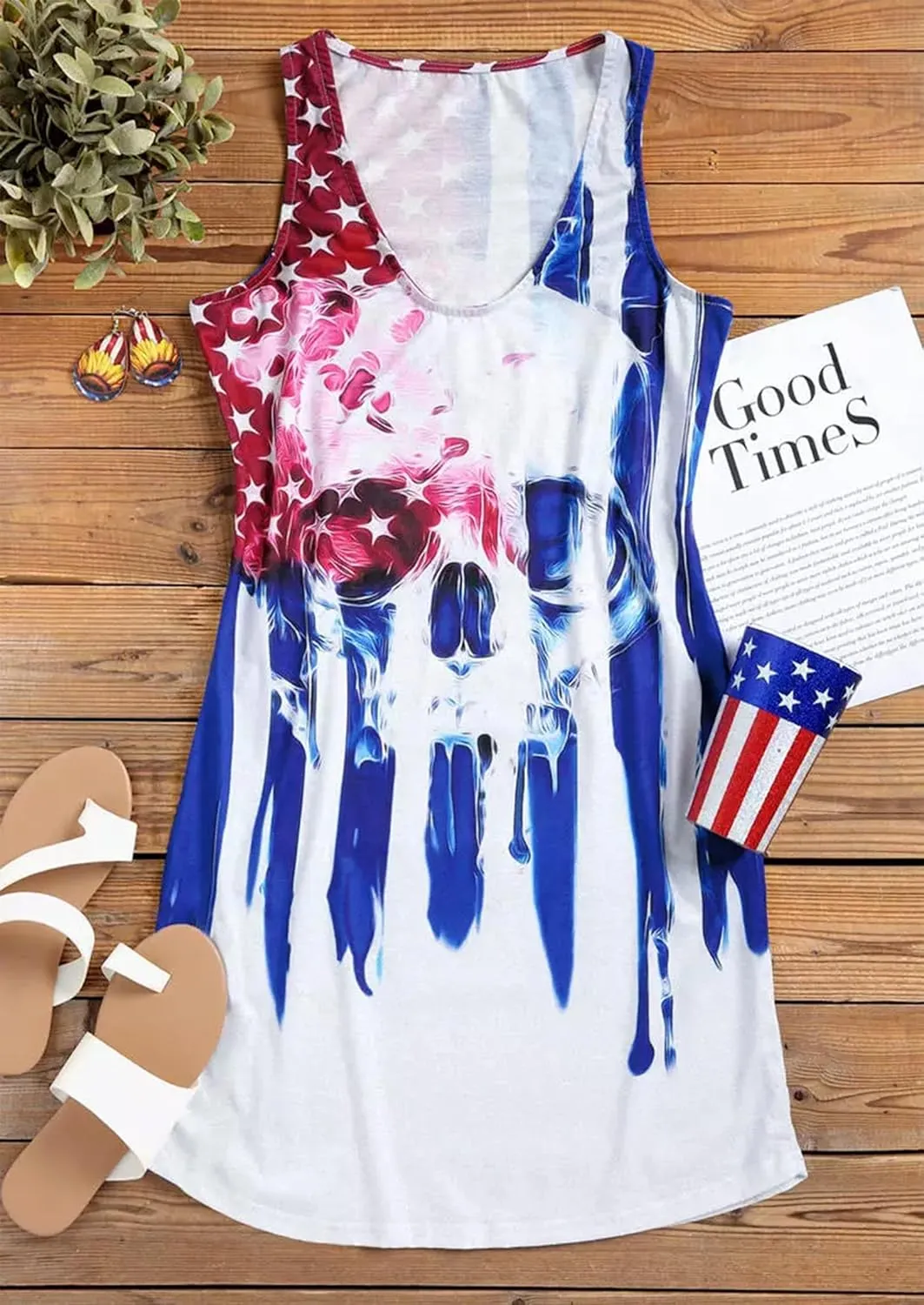 Live Simple Coconut Tree Sleeveless Mini Dress Summer Beach Mini Dress Women's Summer Casual Sexy V Neck Mini Tank Dress