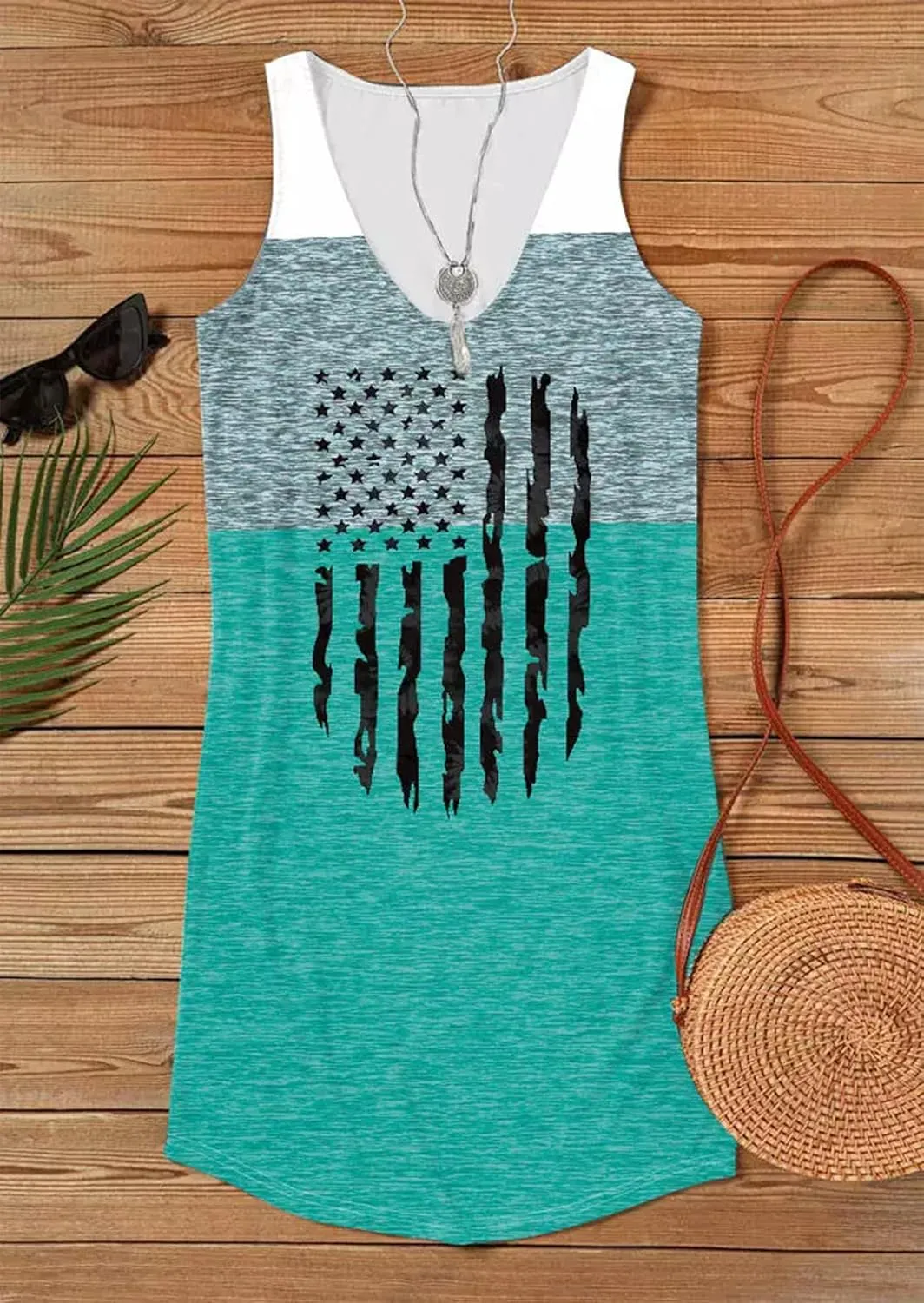Live Simple Coconut Tree Sleeveless Mini Dress Summer Beach Mini Dress Women's Summer Casual Sexy V Neck Mini Tank Dress