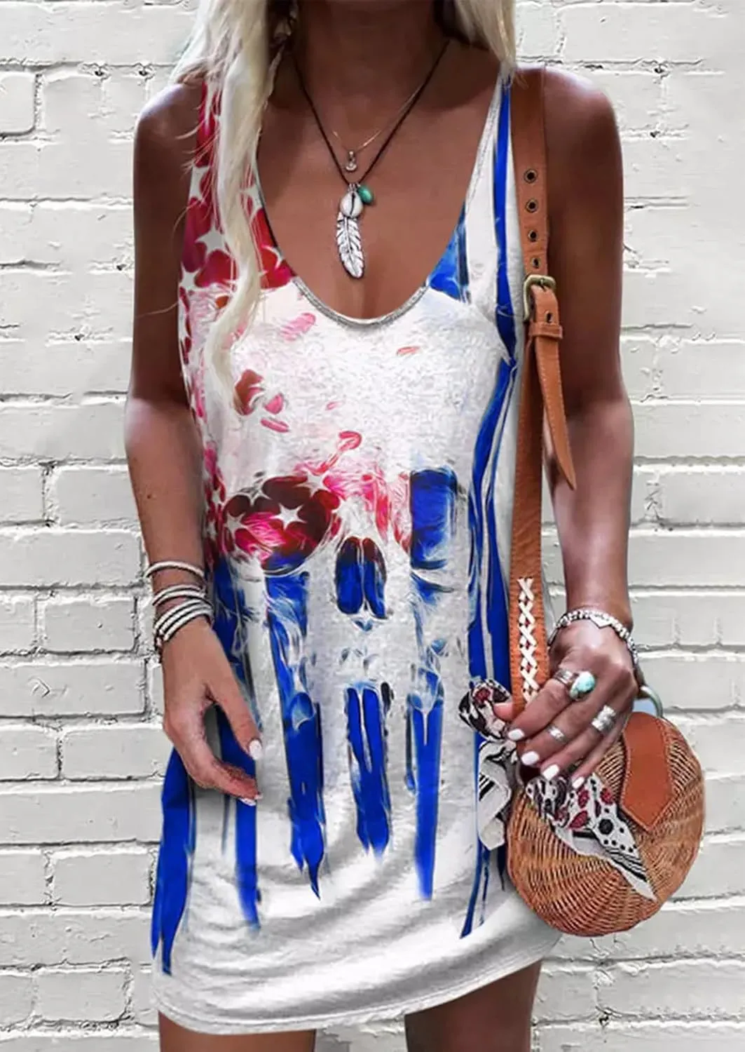 Live Simple Coconut Tree Sleeveless Mini Dress Summer Beach Mini Dress Women's Summer Casual Sexy V Neck Mini Tank Dress