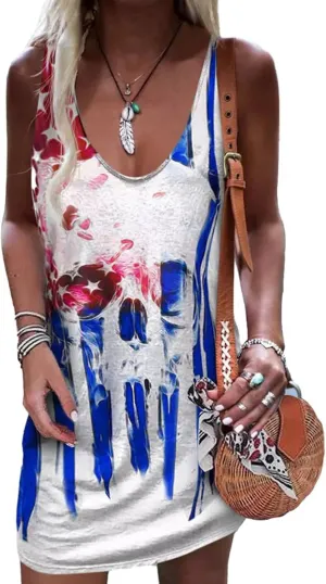 Live Simple Coconut Tree Sleeveless Mini Dress Summer Beach Mini Dress Women's Summer Casual Sexy V Neck Mini Tank Dress