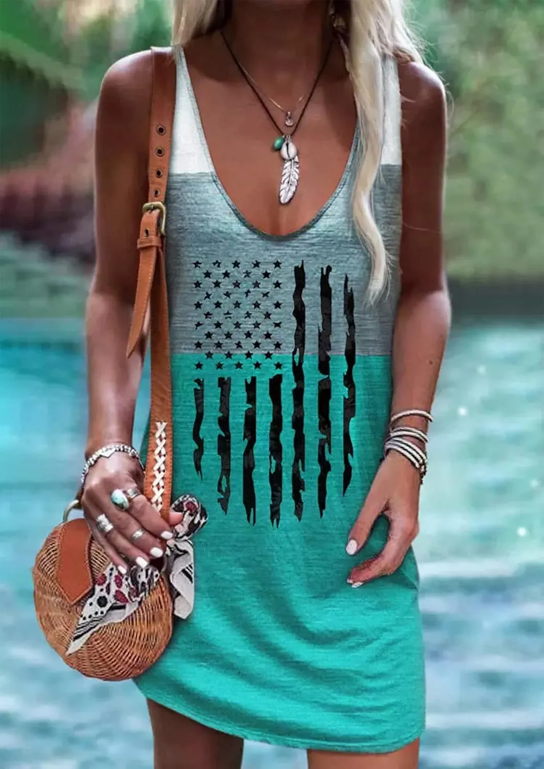 Live Simple Coconut Tree Sleeveless Mini Dress Summer Beach Mini Dress Women's Summer Casual Sexy V Neck Mini Tank Dress