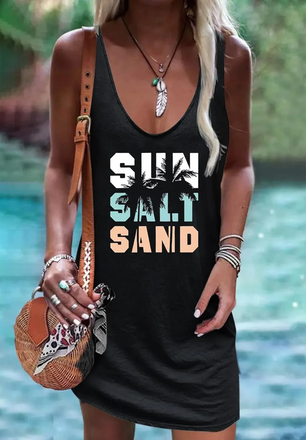 Live Simple Coconut Tree Sleeveless Mini Dress Summer Beach Mini Dress Women's Summer Casual Sexy V Neck Mini Tank Dress