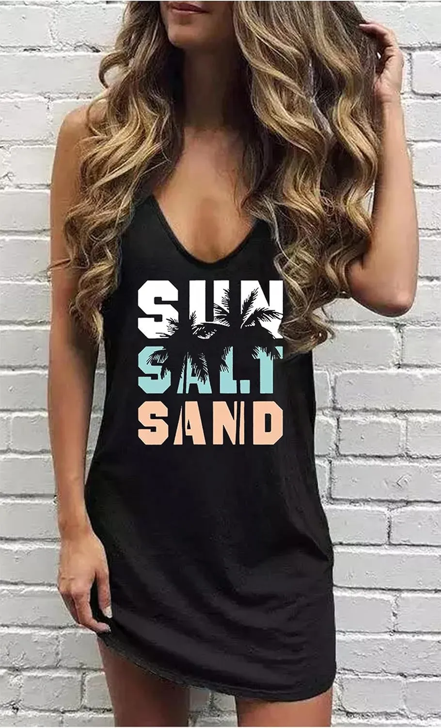 Live Simple Coconut Tree Sleeveless Mini Dress Summer Beach Mini Dress Women's Summer Casual Sexy V Neck Mini Tank Dress
