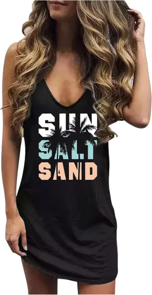 Live Simple Coconut Tree Sleeveless Mini Dress Summer Beach Mini Dress Women's Summer Casual Sexy V Neck Mini Tank Dress