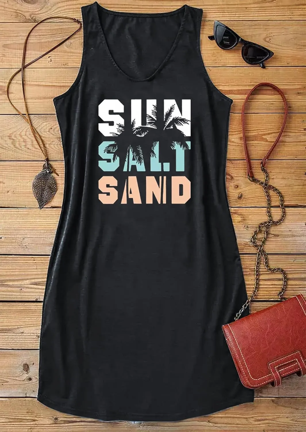 Live Simple Coconut Tree Sleeveless Mini Dress Summer Beach Mini Dress Women's Summer Casual Sexy V Neck Mini Tank Dress