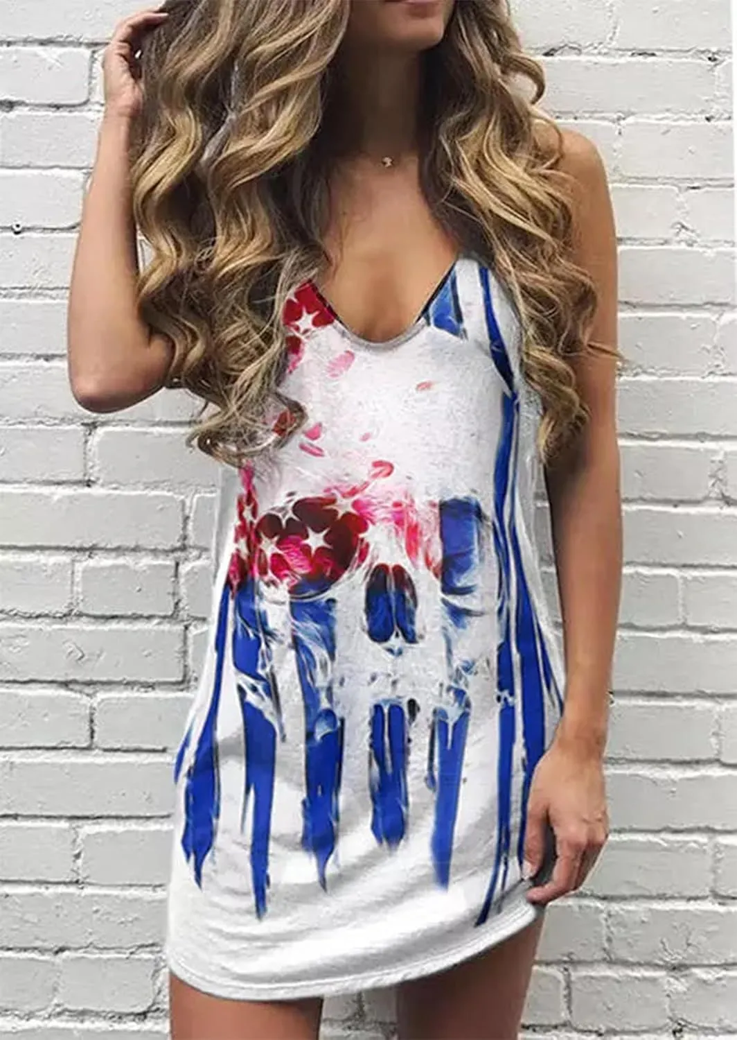 Live Simple Coconut Tree Sleeveless Mini Dress Summer Beach Mini Dress Women's Summer Casual Sexy V Neck Mini Tank Dress