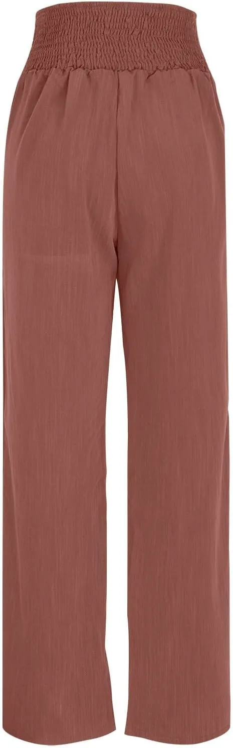 Lmdudan Women Linen Palazzo Pants 2025 Summer Boho Wide Leg High Waist Casual Lounge Pant Beach Travel Vacation Outfits