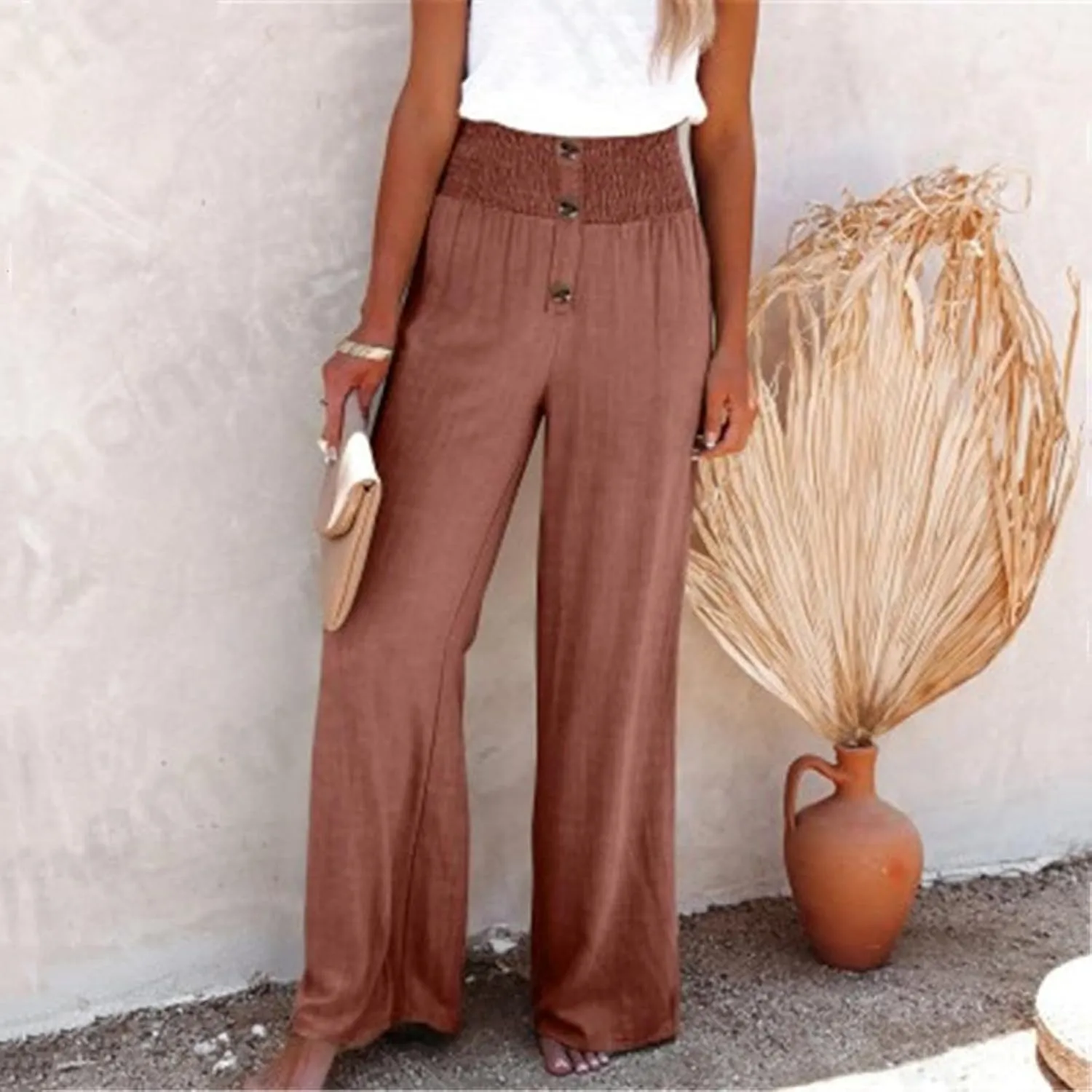 Lmdudan Women Linen Palazzo Pants 2025 Summer Boho Wide Leg High Waist Casual Lounge Pant Beach Travel Vacation Outfits