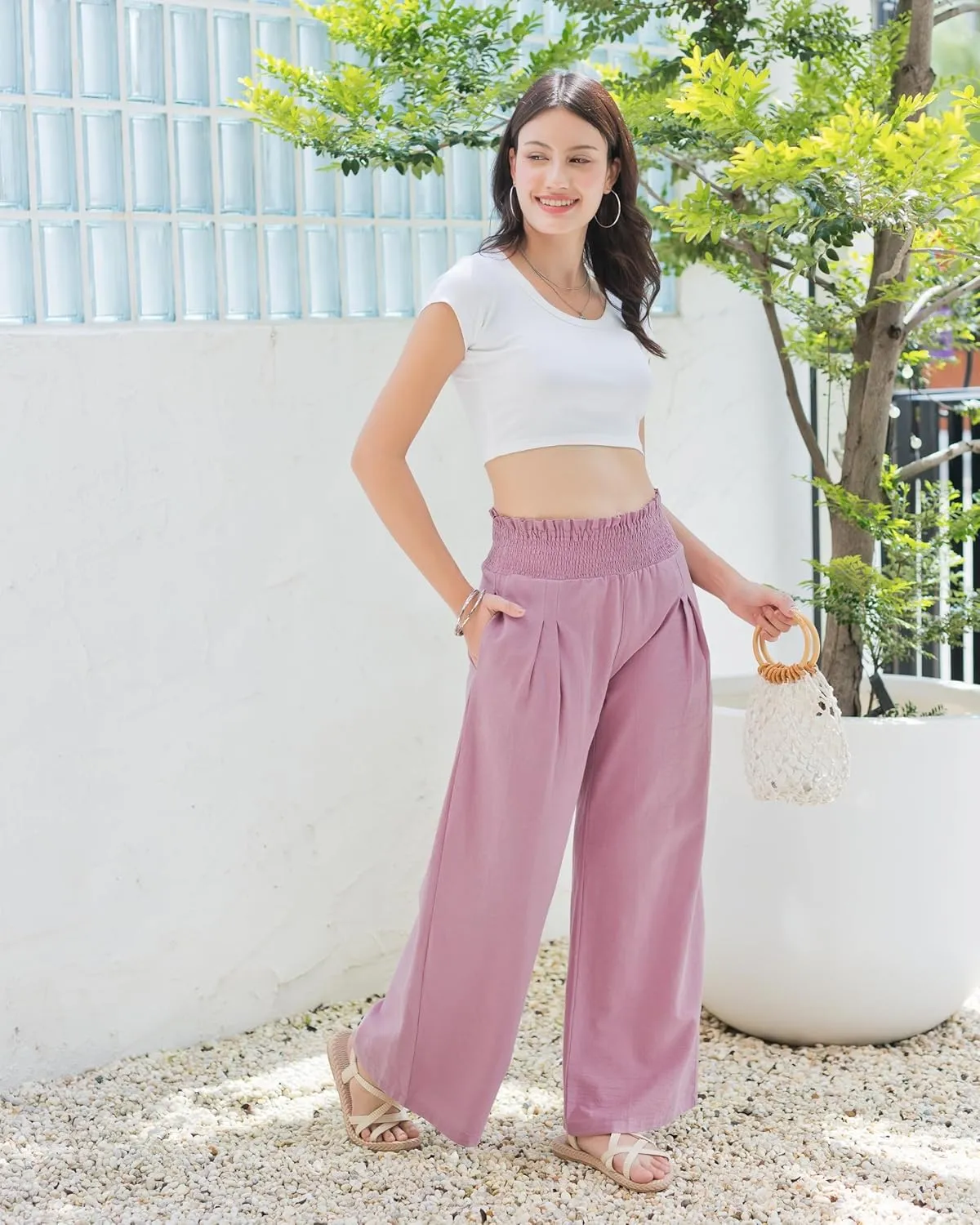LOFBAZ Women Linen Wide Leg Palazzo Pants Flowy Casual Boho Trousers High Waist Beach Lounge Long Pant with Pockets