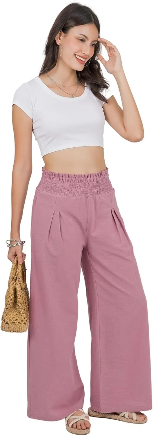 LOFBAZ Women Linen Wide Leg Palazzo Pants Flowy Casual Boho Trousers High Waist Beach Lounge Long Pant with Pockets