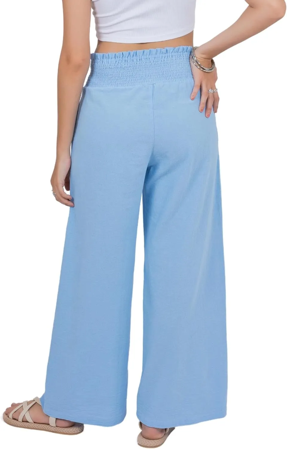 LOFBAZ Women Linen Wide Leg Palazzo Pants Flowy Casual Boho Trousers High Waist Beach Lounge Long Pant with Pockets