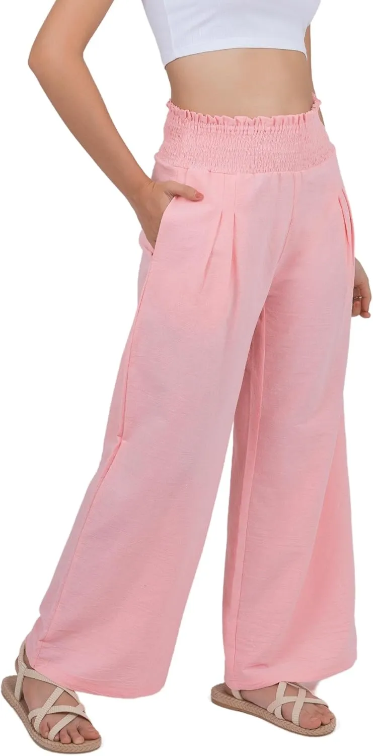 LOFBAZ Women Linen Wide Leg Palazzo Pants Flowy Casual Boho Trousers High Waist Beach Lounge Long Pant with Pockets