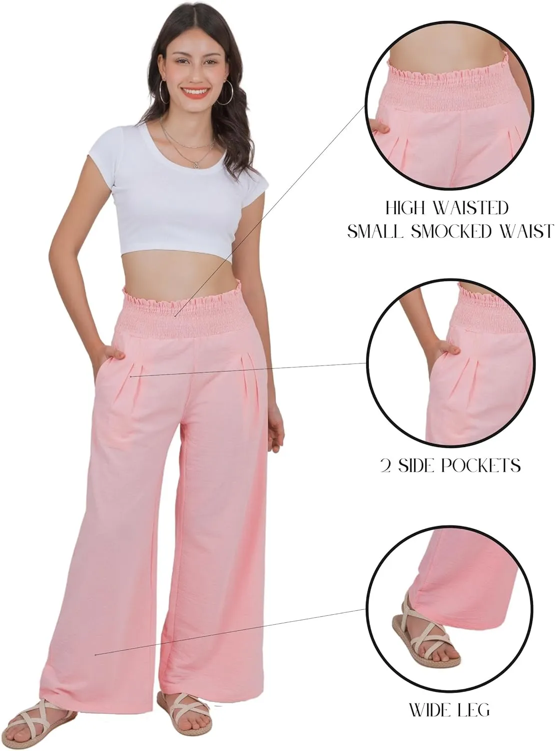 LOFBAZ Women Linen Wide Leg Palazzo Pants Flowy Casual Boho Trousers High Waist Beach Lounge Long Pant with Pockets