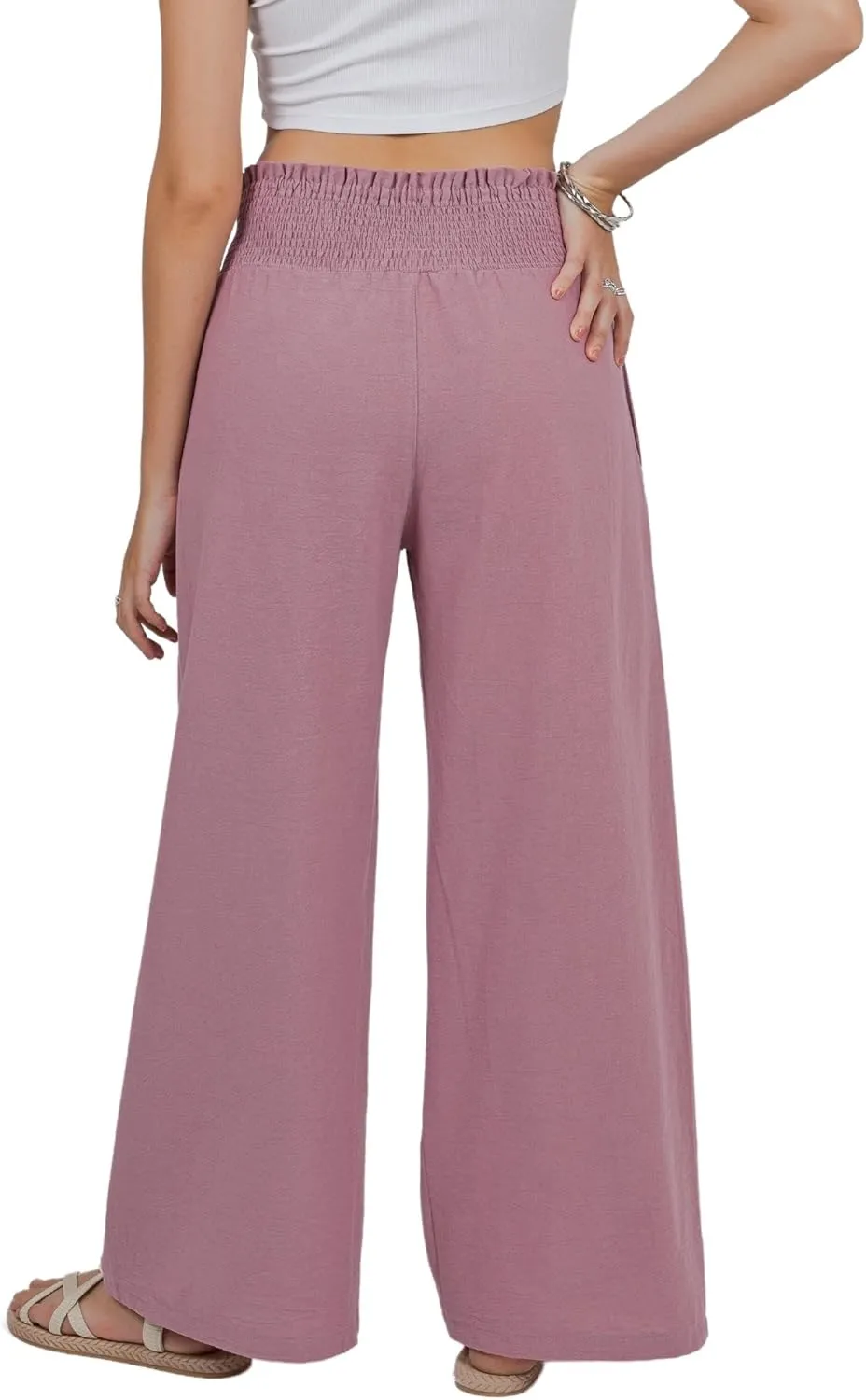 LOFBAZ Women Linen Wide Leg Palazzo Pants Flowy Casual Boho Trousers High Waist Beach Lounge Long Pant with Pockets