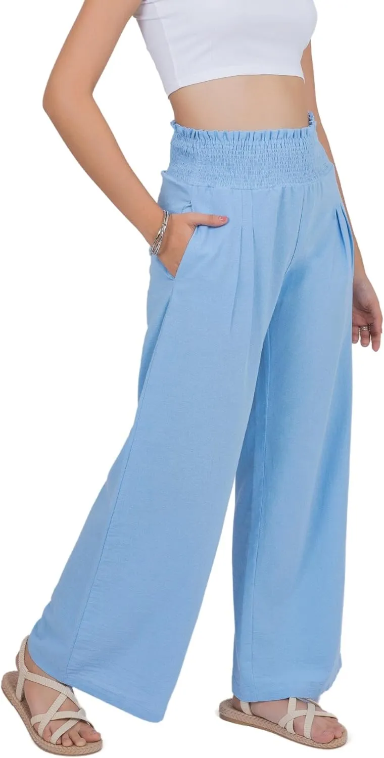 LOFBAZ Women Linen Wide Leg Palazzo Pants Flowy Casual Boho Trousers High Waist Beach Lounge Long Pant with Pockets
