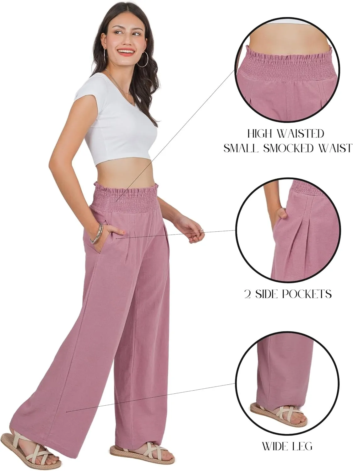 LOFBAZ Women Linen Wide Leg Palazzo Pants Flowy Casual Boho Trousers High Waist Beach Lounge Long Pant with Pockets