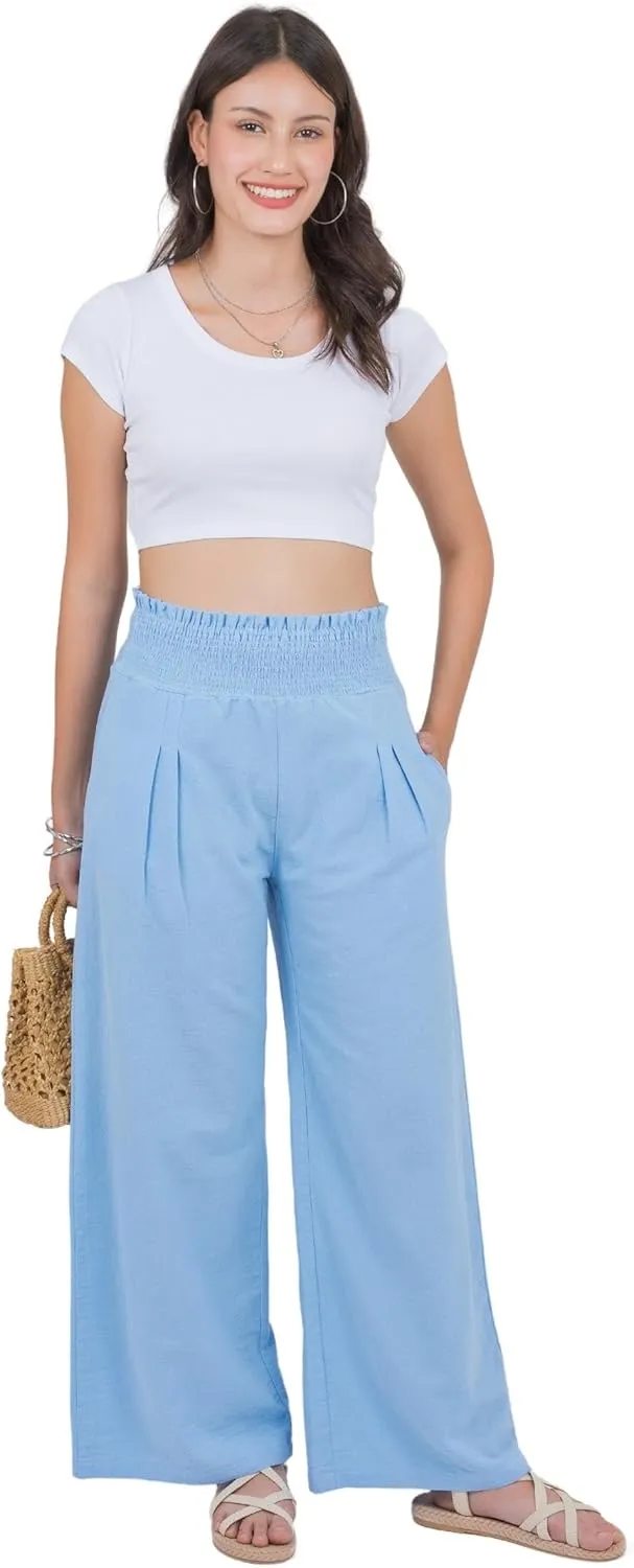 LOFBAZ Women Linen Wide Leg Palazzo Pants Flowy Casual Boho Trousers High Waist Beach Lounge Long Pant with Pockets