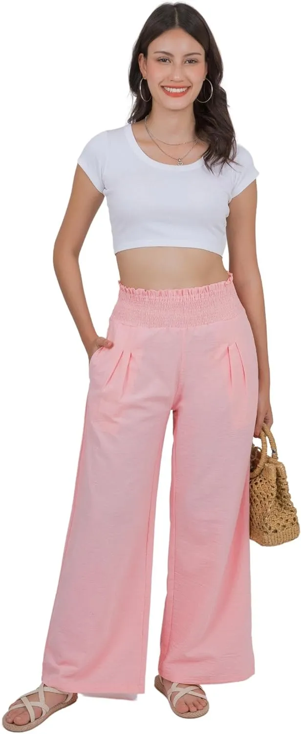 LOFBAZ Women Linen Wide Leg Palazzo Pants Flowy Casual Boho Trousers High Waist Beach Lounge Long Pant with Pockets