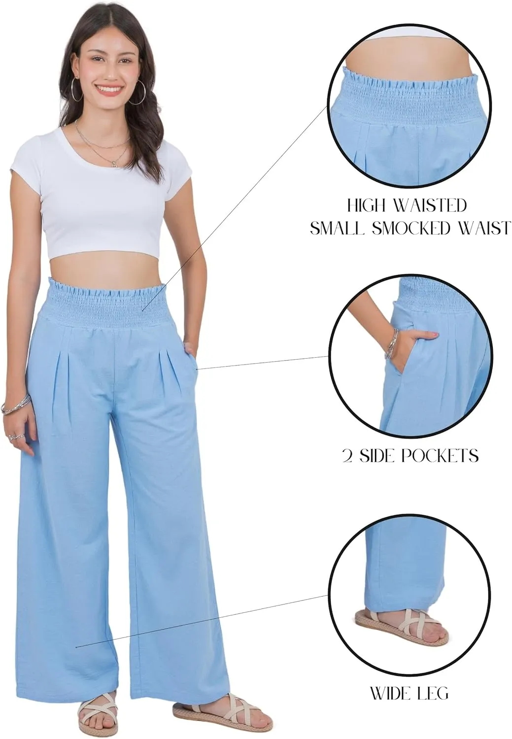 LOFBAZ Women Linen Wide Leg Palazzo Pants Flowy Casual Boho Trousers High Waist Beach Lounge Long Pant with Pockets