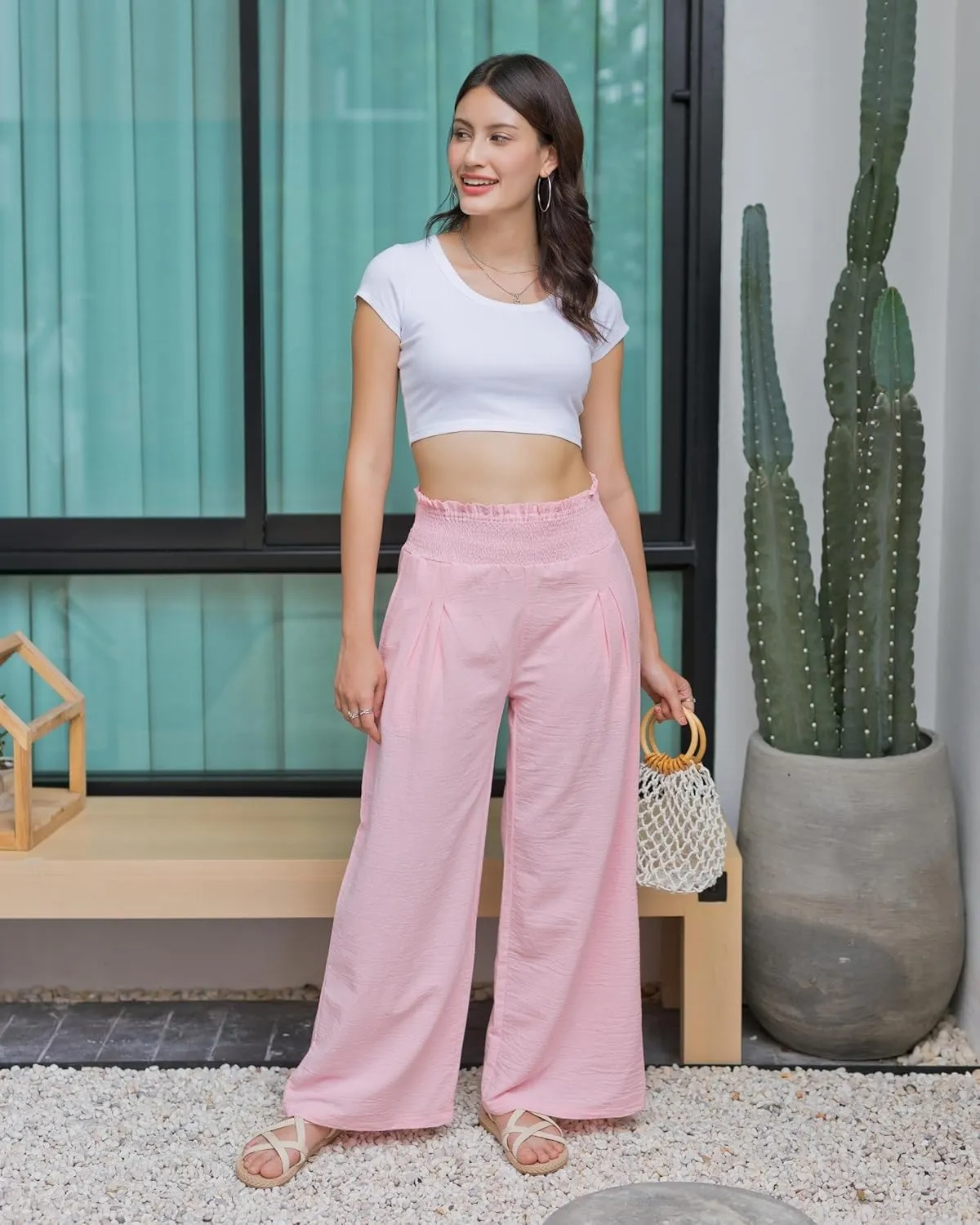 LOFBAZ Women Linen Wide Leg Palazzo Pants Flowy Casual Boho Trousers High Waist Beach Lounge Long Pant with Pockets