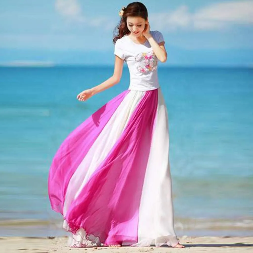 Long Flowy Skirts for Women Retro Boho Maxi Skirt Summer Beach Floral Skirt Plus Size Pleated Skirt Hawaiian Vacation Outfits