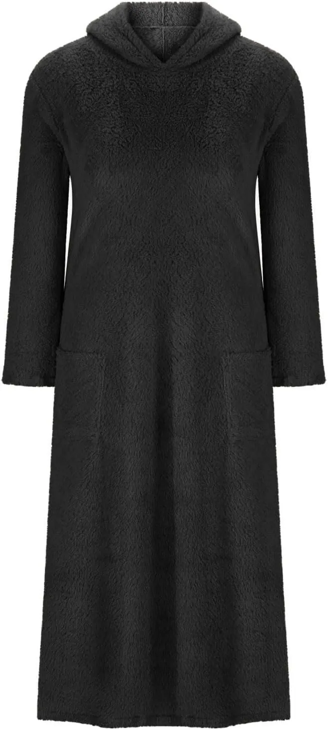 Long Sleeve Dress for Women 2024 Winter Warm Fluffy Fuzzy Hooded Dress Casual Plush Midi Dress Nightgown with Pockets