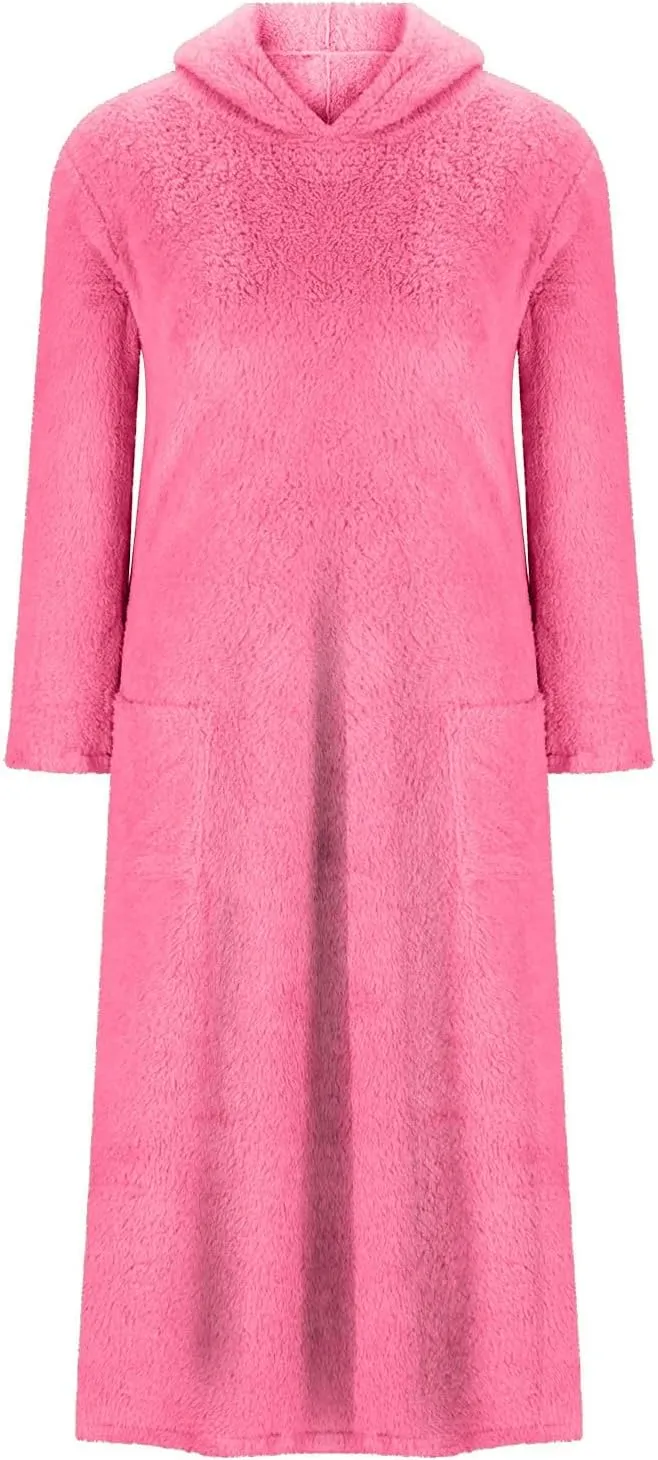 Long Sleeve Dress for Women 2024 Winter Warm Fluffy Fuzzy Hooded Dress Casual Plush Midi Dress Nightgown with Pockets