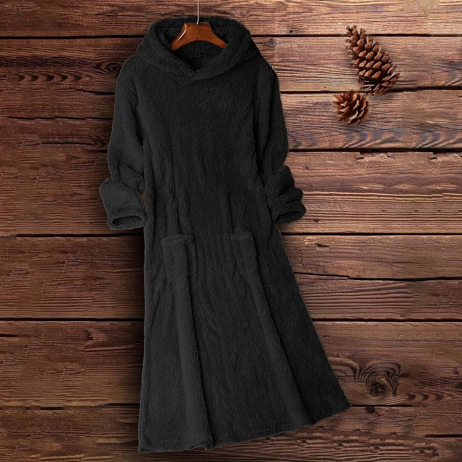 Long Sleeve Dress for Women 2024 Winter Warm Fluffy Fuzzy Hooded Dress Casual Plush Midi Dress Nightgown with Pockets