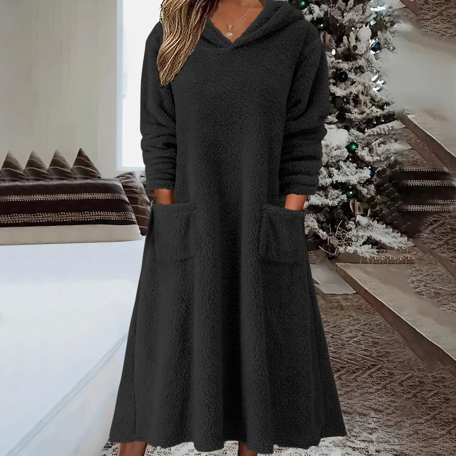 Long Sleeve Dress for Women 2024 Winter Warm Fluffy Fuzzy Hooded Dress Casual Plush Midi Dress Nightgown with Pockets