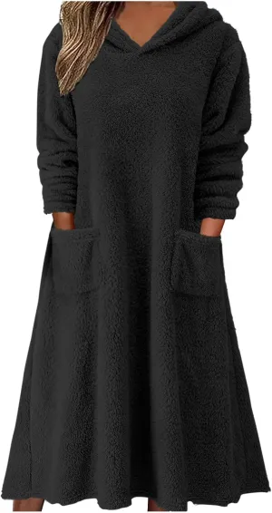 Long Sleeve Dress for Women 2024 Winter Warm Fluffy Fuzzy Hooded Dress Casual Plush Midi Dress Nightgown with Pockets