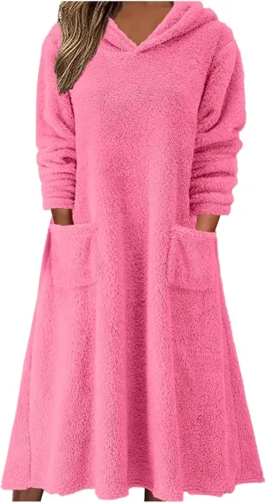 Long Sleeve Dress for Women 2024 Winter Warm Fluffy Fuzzy Hooded Dress Casual Plush Midi Dress Nightgown with Pockets