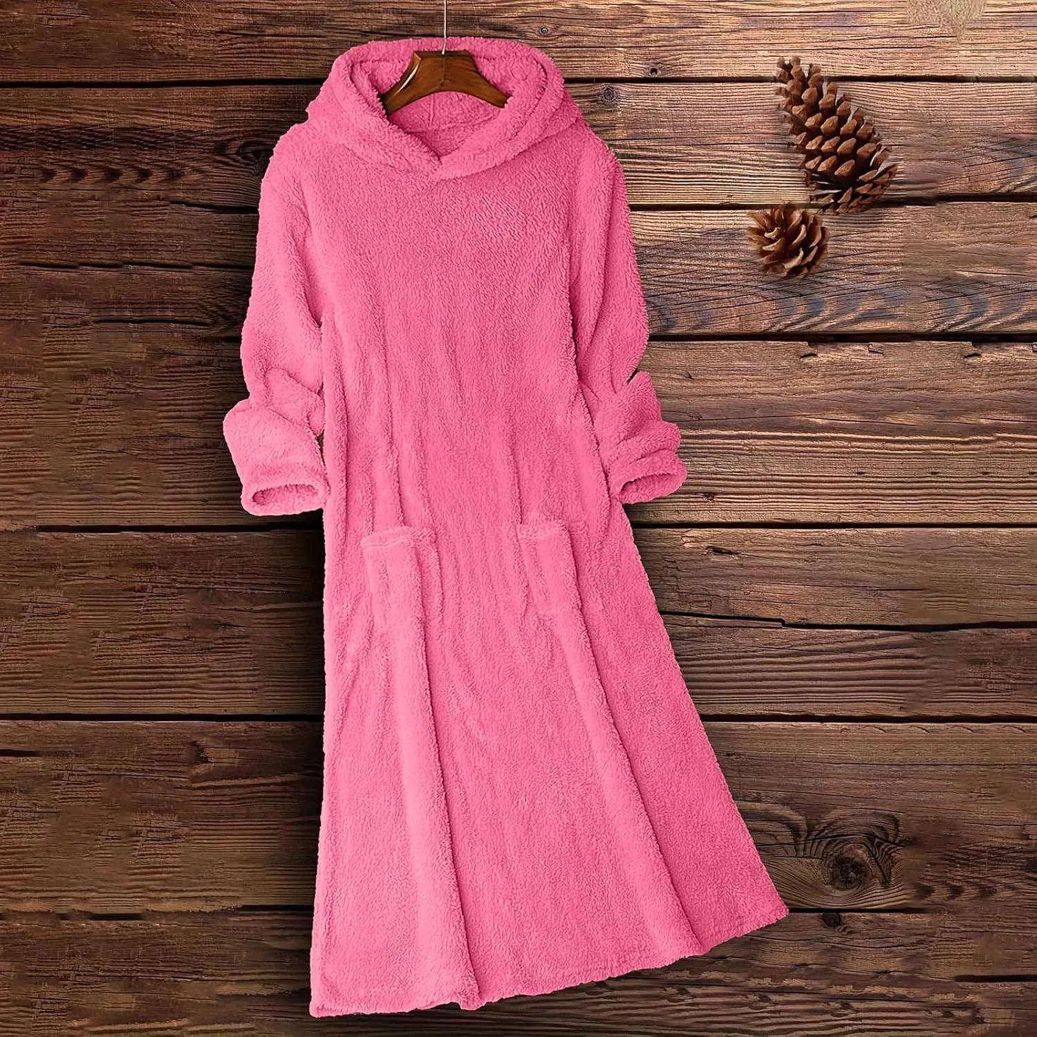 Long Sleeve Dress for Women 2024 Winter Warm Fluffy Fuzzy Hooded Dress Casual Plush Midi Dress Nightgown with Pockets