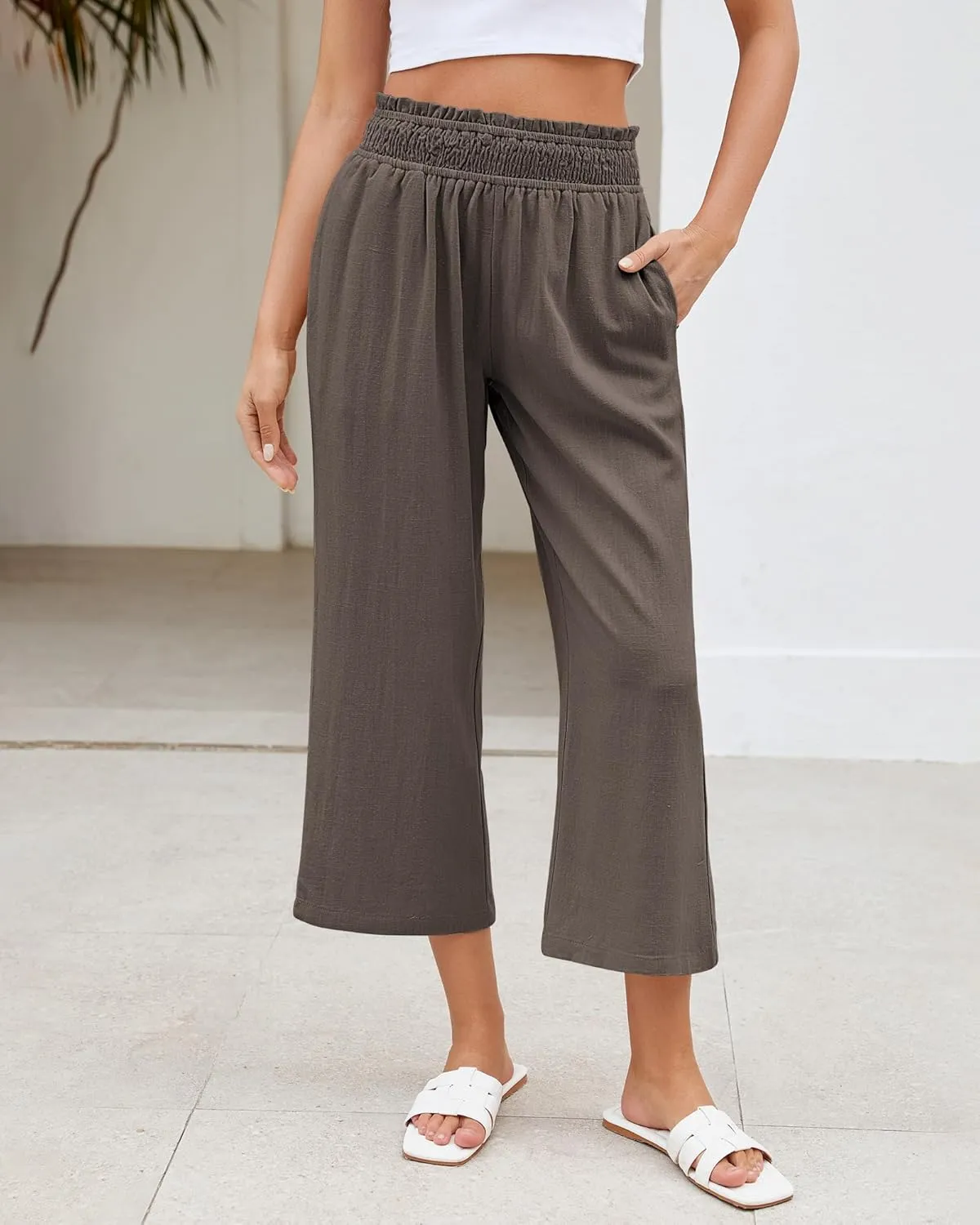 LookbookStore Linen Pants Women Capri Wide Leg High Wasited Pull On Elasitc Waist Summer Beach Palazzo Capris Pants