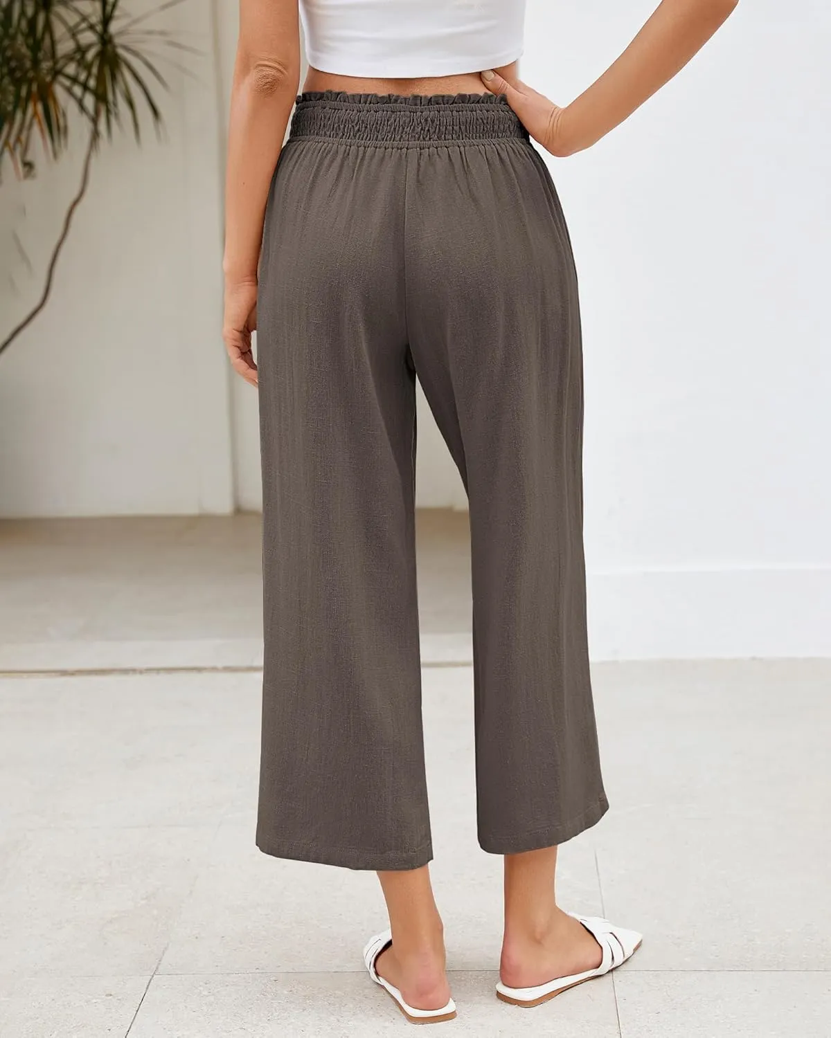 LookbookStore Linen Pants Women Capri Wide Leg High Wasited Pull On Elasitc Waist Summer Beach Palazzo Capris Pants