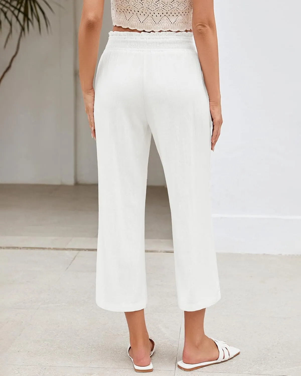 LookbookStore Linen Pants Women Capri Wide Leg High Wasited Pull On Elasitc Waist Summer Beach Palazzo Capris Pants