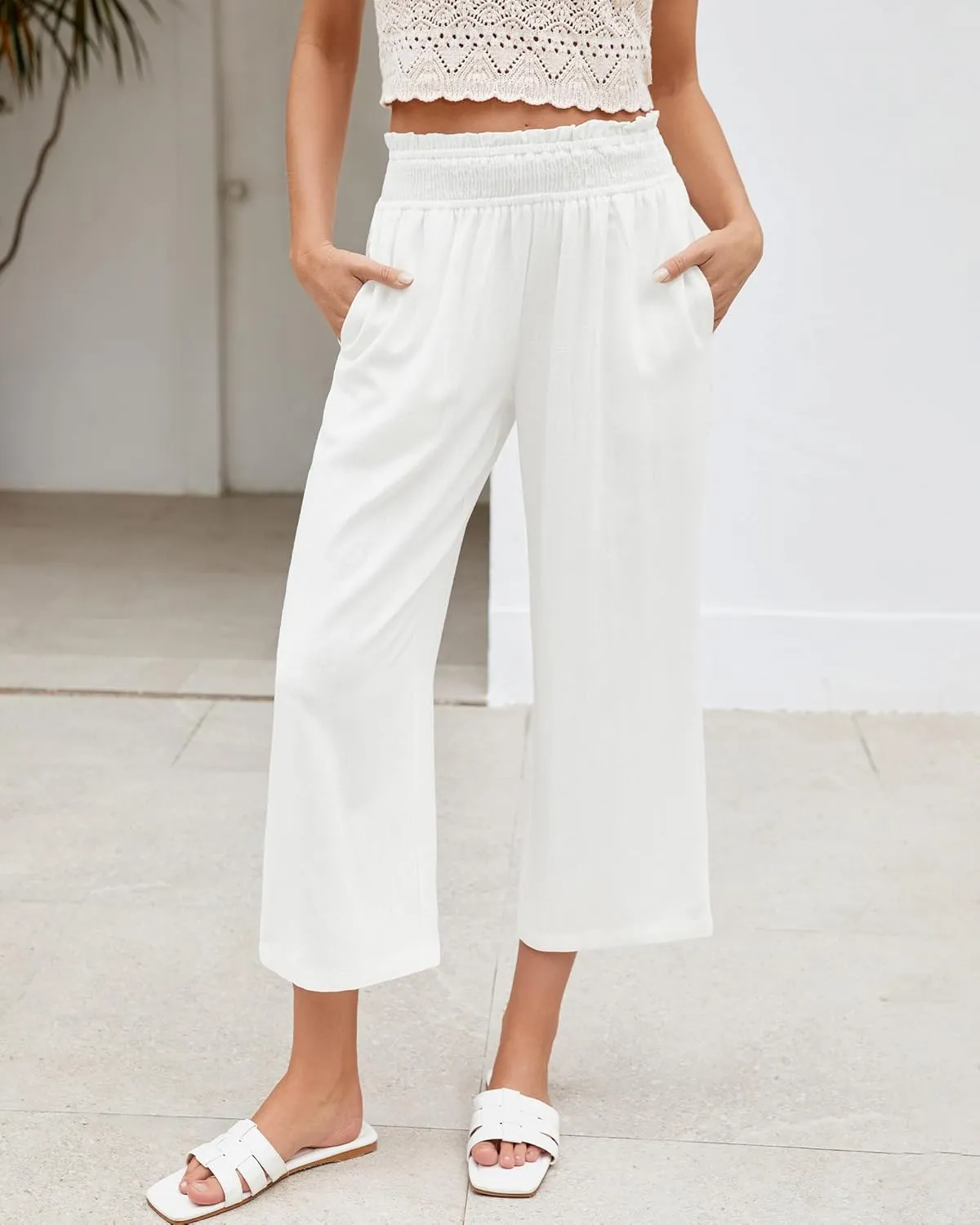 LookbookStore Linen Pants Women Capri Wide Leg High Wasited Pull On Elasitc Waist Summer Beach Palazzo Capris Pants