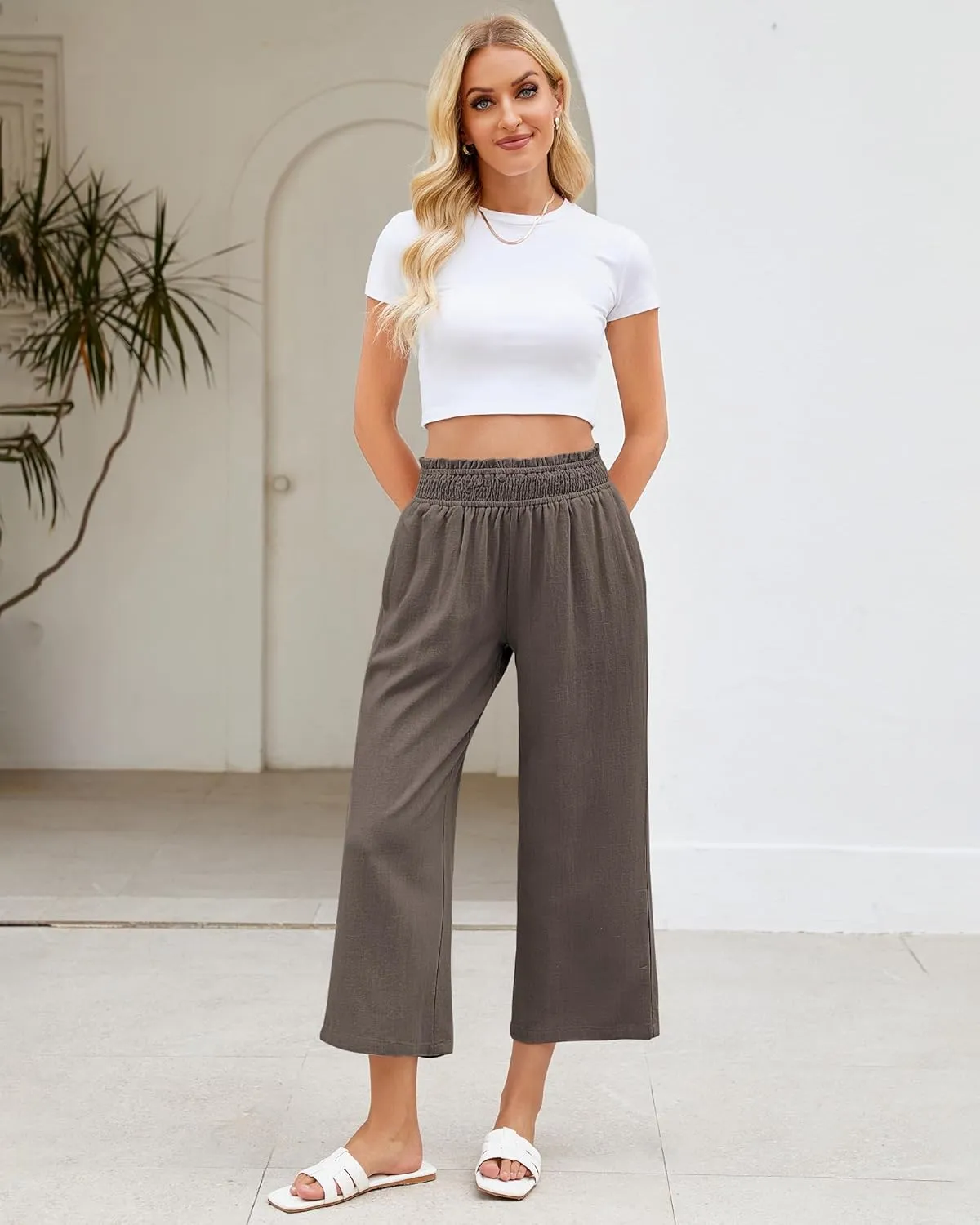 LookbookStore Linen Pants Women Capri Wide Leg High Wasited Pull On Elasitc Waist Summer Beach Palazzo Capris Pants