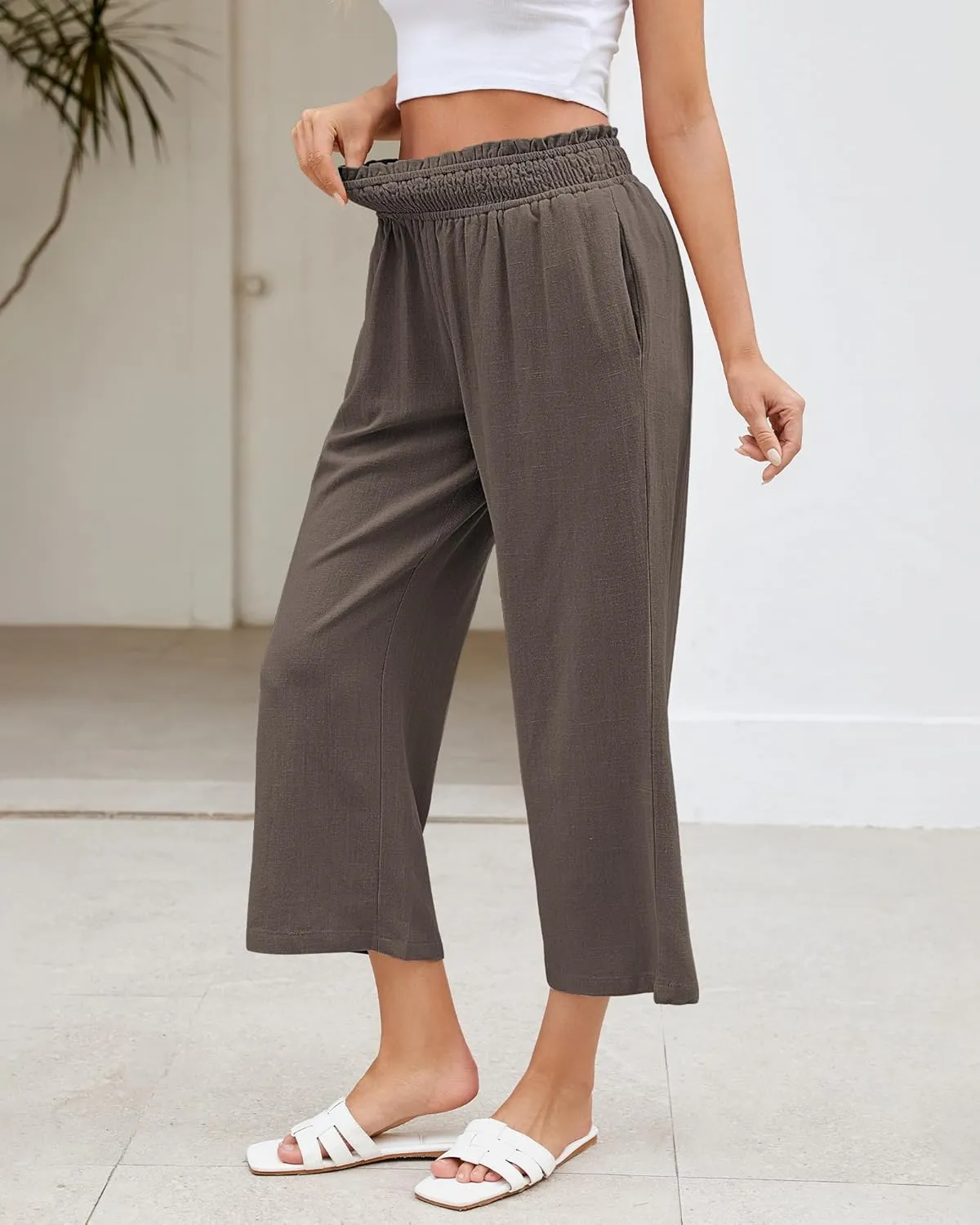 LookbookStore Linen Pants Women Capri Wide Leg High Wasited Pull On Elasitc Waist Summer Beach Palazzo Capris Pants