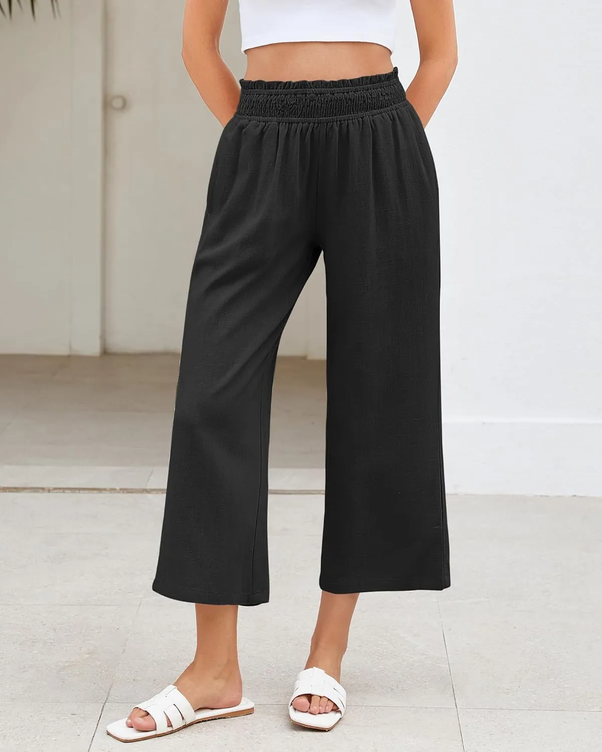 LookbookStore Linen Pants Women Capri Wide Leg High Wasited Pull On Elasitc Waist Summer Beach Palazzo Capris Pants