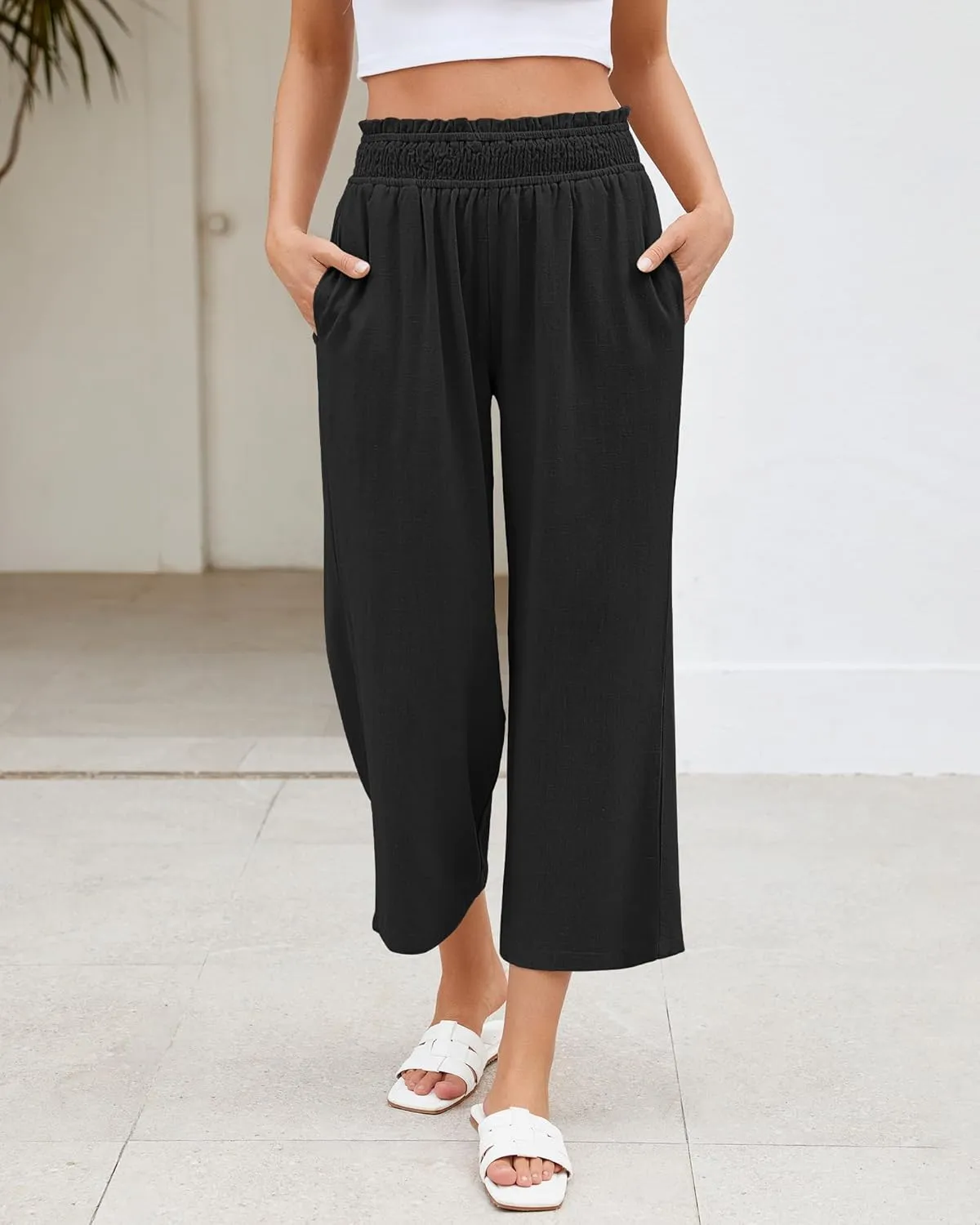 LookbookStore Linen Pants Women Capri Wide Leg High Wasited Pull On Elasitc Waist Summer Beach Palazzo Capris Pants