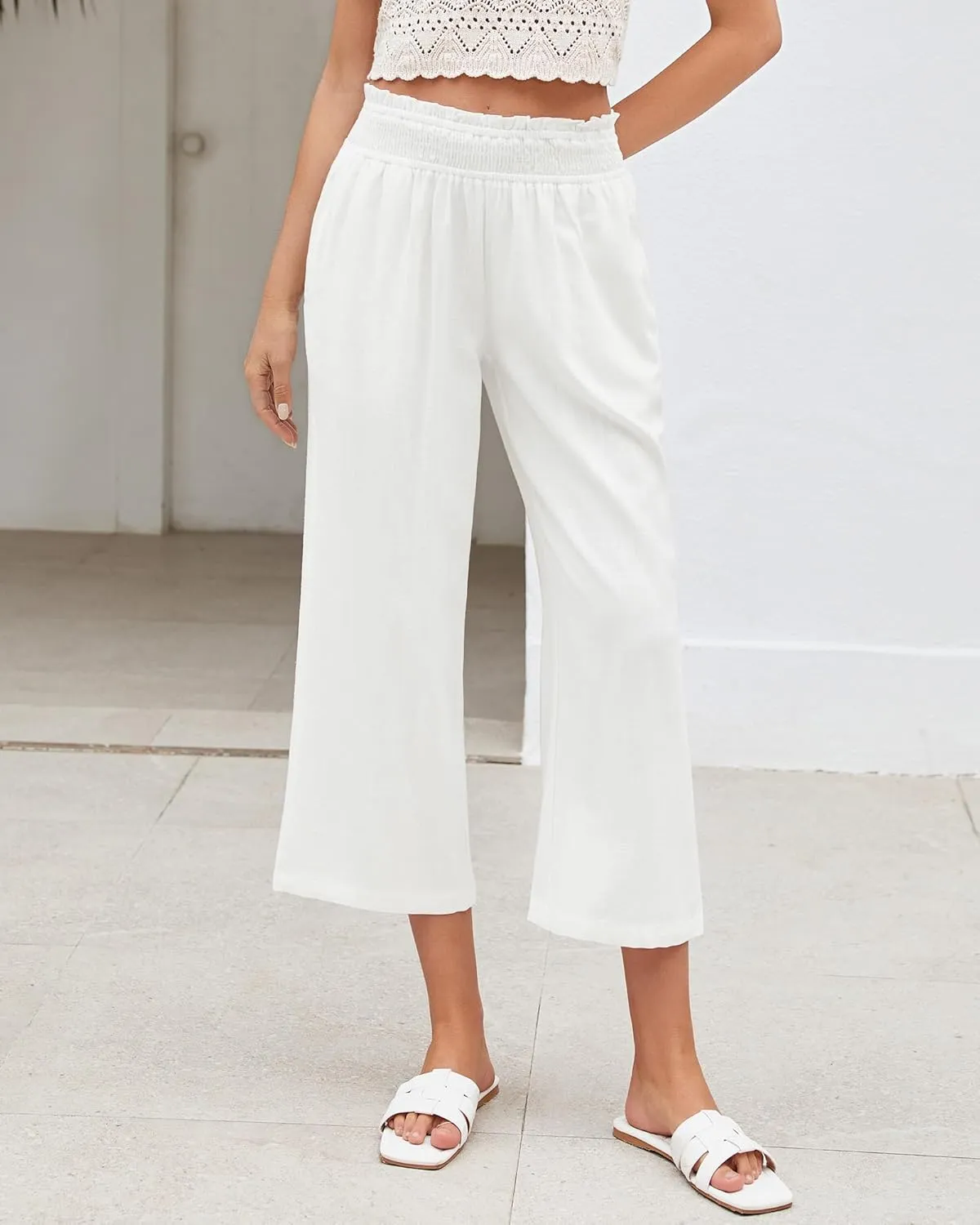 LookbookStore Linen Pants Women Capri Wide Leg High Wasited Pull On Elasitc Waist Summer Beach Palazzo Capris Pants