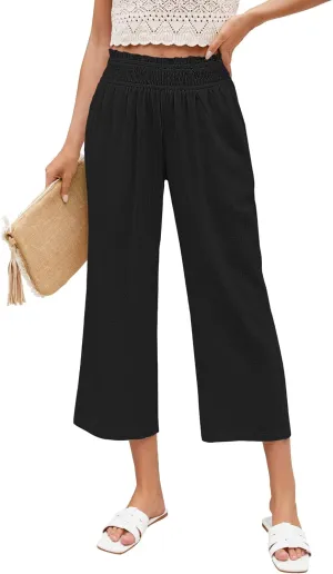 LookbookStore Linen Pants Women Capri Wide Leg High Wasited Pull On Elasitc Waist Summer Beach Palazzo Capris Pants