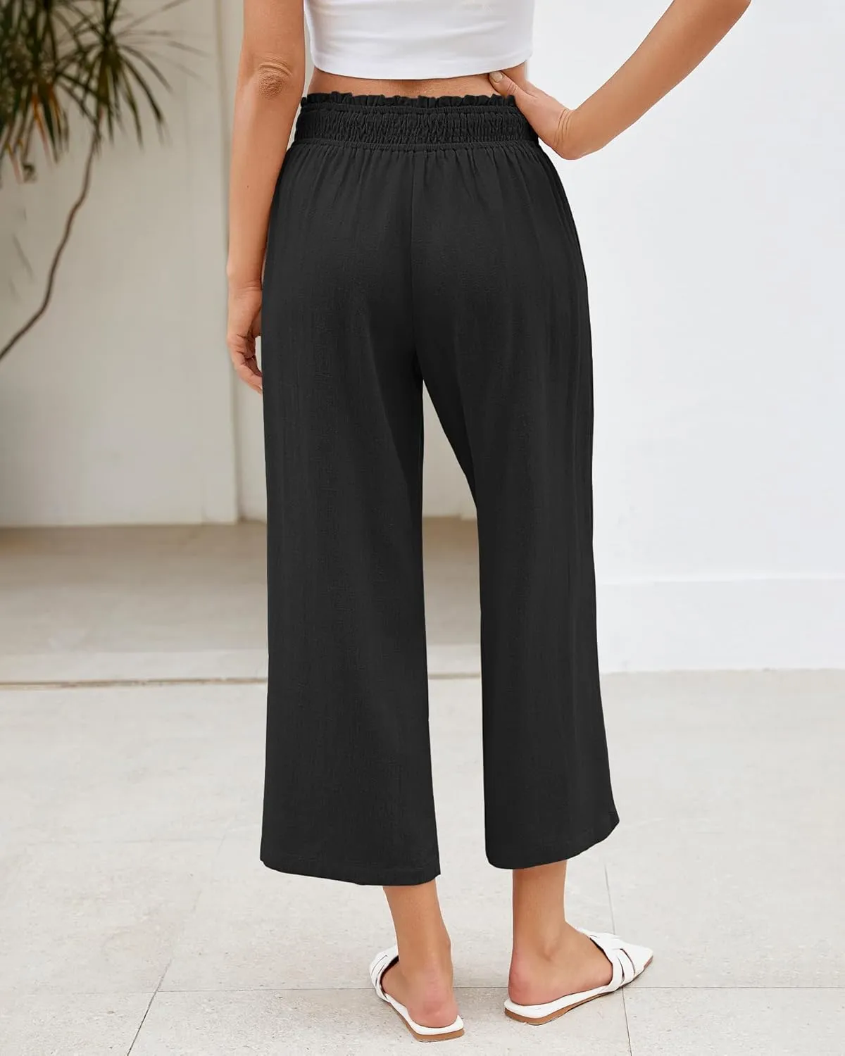 LookbookStore Linen Pants Women Capri Wide Leg High Wasited Pull On Elasitc Waist Summer Beach Palazzo Capris Pants