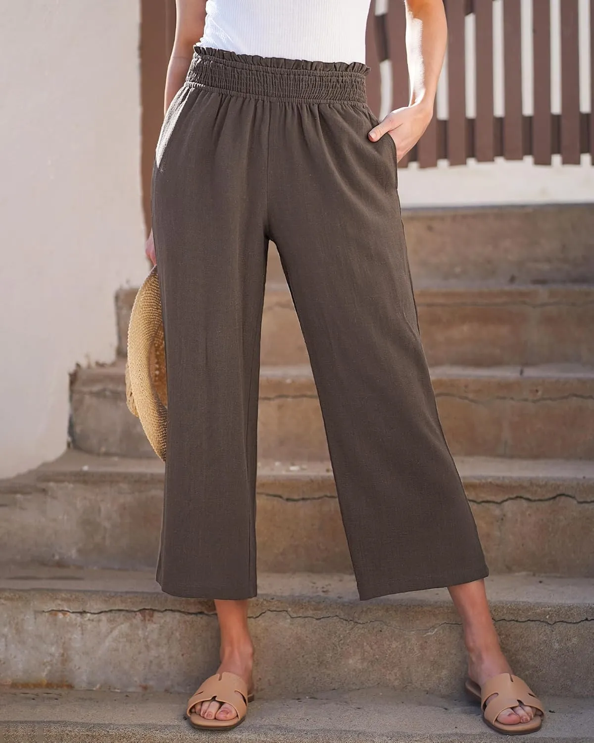LookbookStore Linen Pants Women Capri Wide Leg High Wasited Pull On Elasitc Waist Summer Beach Palazzo Capris Pants