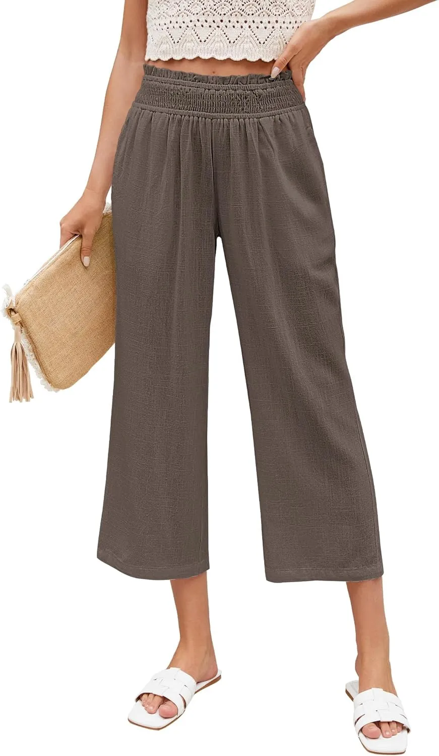 LookbookStore Linen Pants Women Capri Wide Leg High Wasited Pull On Elasitc Waist Summer Beach Palazzo Capris Pants
