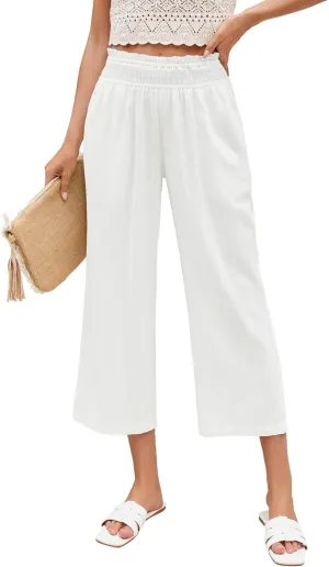 LookbookStore Linen Pants Women Capri Wide Leg High Wasited Pull On Elasitc Waist Summer Beach Palazzo Capris Pants