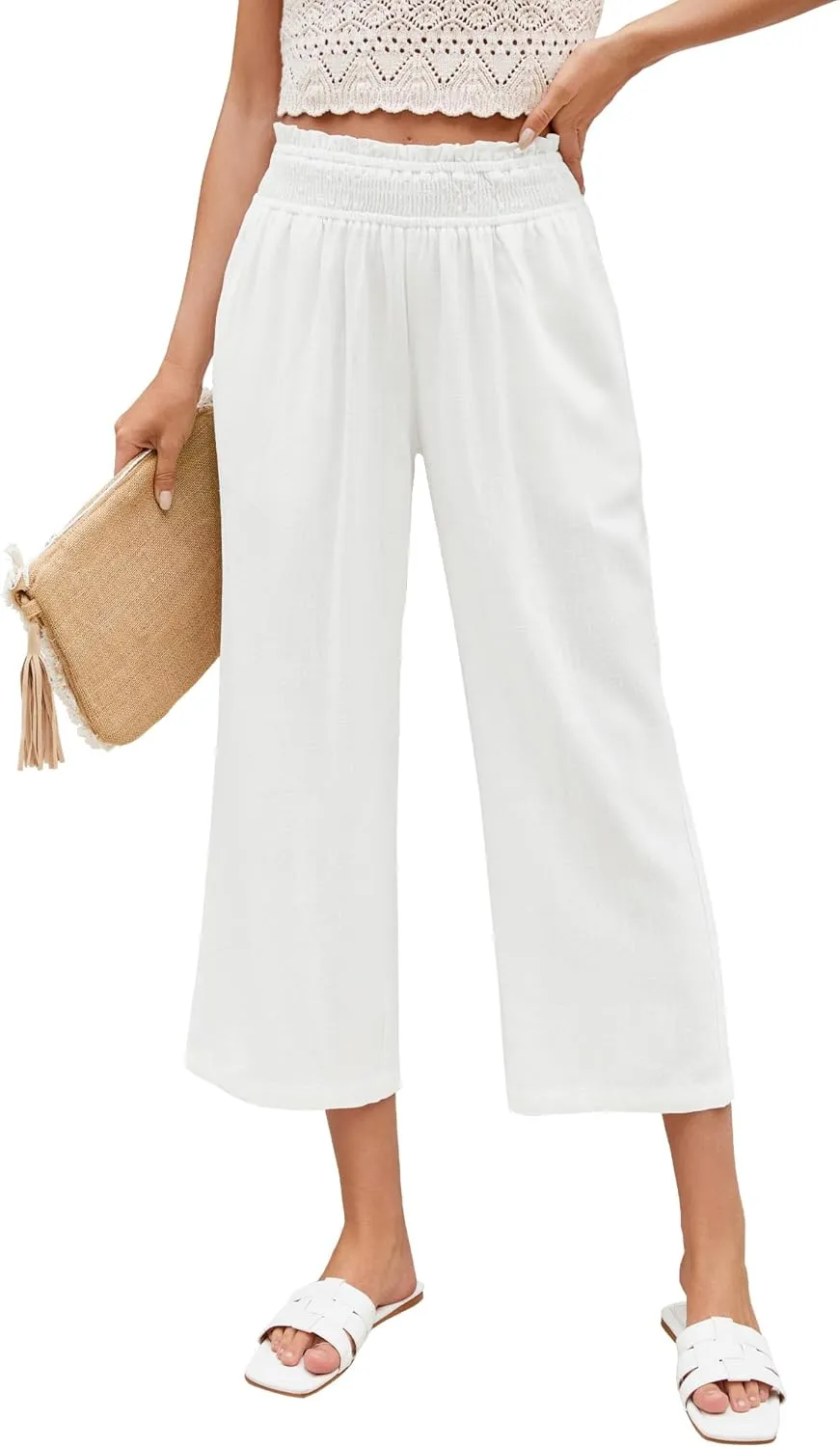 LookbookStore Linen Pants Women Capri Wide Leg High Wasited Pull On Elasitc Waist Summer Beach Palazzo Capris Pants